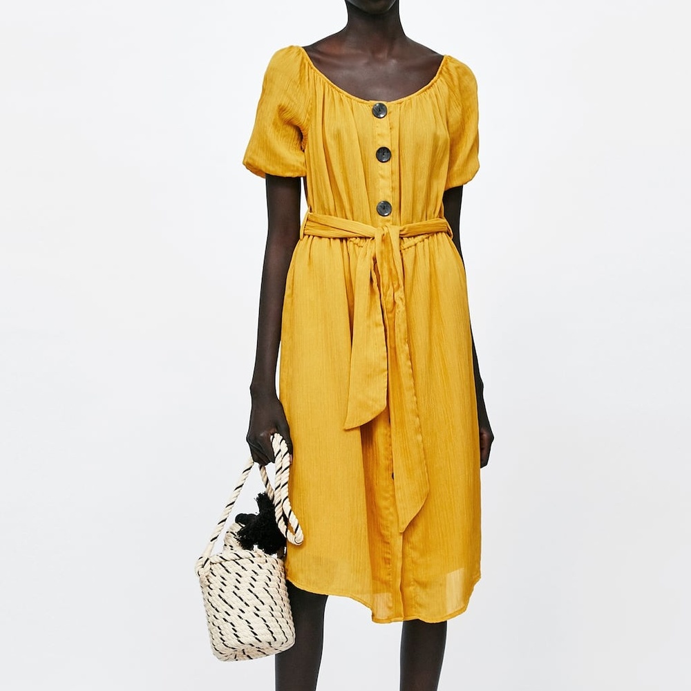 NWT ZARA MUSTARD WRINKLED DRESS SMALL